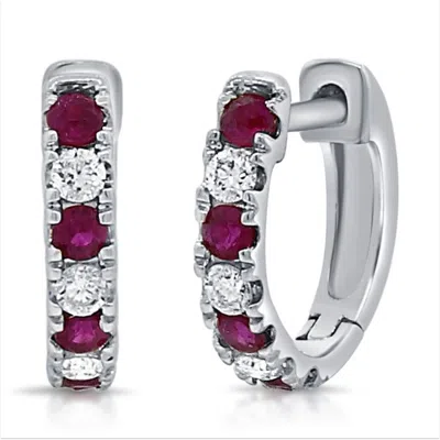 Diana M. 14k Wg 1.24gr Huggie Earrings 6 Round Diamonds 0.14ct And 8 Rubbies 0.24 In Red