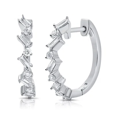 Diana M. 14k Wg 2.34 Gr Huggie Earrings 10baggett Diamonds 0.32c 8 Round Diamonds0.15c In Silver