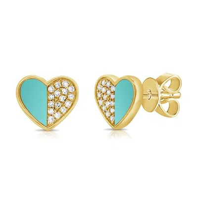 Diana M. 14k Yg 1.70gr Stud Earrings 32 Diamonds 0.11 2 Turquoise 3.00 In Blue