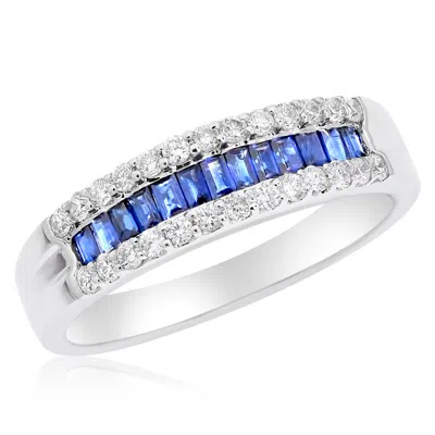 Diana M. 18 Kt White Gold Three-row Sapphire And Diamond Band Features 0.44 Cts Princess Cut Sapphires And 0. In Blue