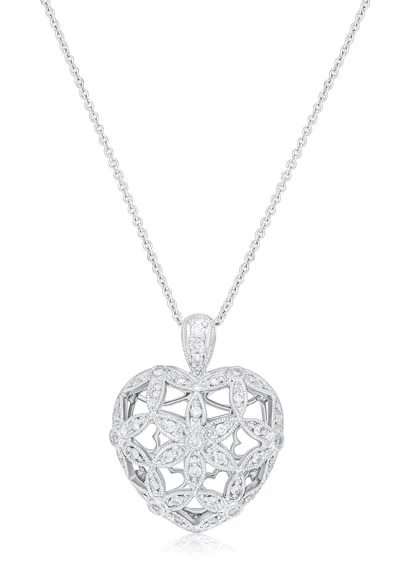 Diana M. 18kt White Gold Heart Shaped Pendant With Flower Design Featuring 1.20 Cts Of Diamonds In Silver