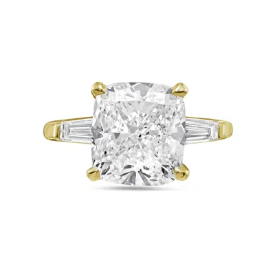 Diana M. 18kt Yellow Gold Lab Grown Cushion Cut And Baguette Engagement Ring Featuring 3 Ct Center And 0.50 C