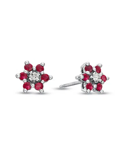Diana M. Fine Jewelry 14k 0.58 Ct. Tw. Diamond & Ruby Flower Cluster Earrings In Metallic
