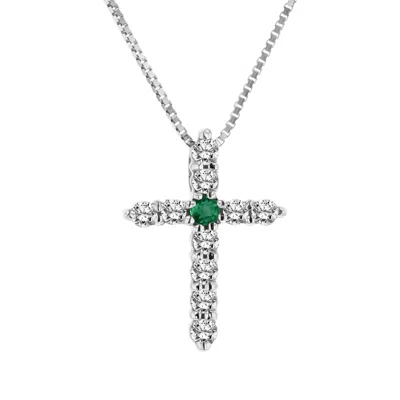 Diana M Jewels 0.18ctw Emerald And Diamond Cross Pendant In 14k White Gold In Green