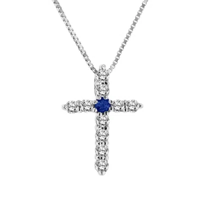 Diana M Jewels 0.18ctw Sapphire And Diamond Cross Pendant In 14k White Gold In Blue