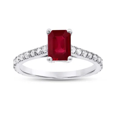 Diana M Jewels 0.36ctw Diamond And Emerald Cut Ruby Engagement Ring In 14k White Gold In Red