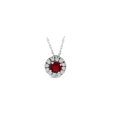 Diana M Jewels 0.53cttw Natural Heated Ruby And Diamond Halo Pendant Set In 14k Gold In Metallic