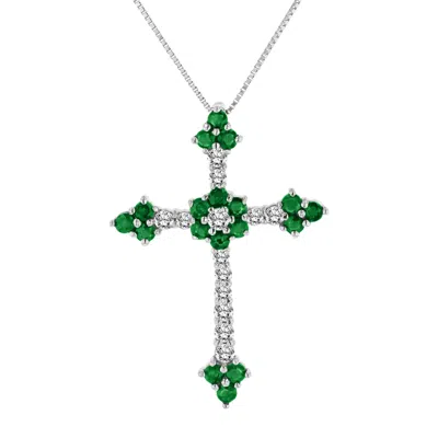 Diana M Jewels 1.10ctw Diamond And Emerald Cross Pendantt In 14k White Gold In Green