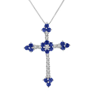 Diana M Jewels 1.10ctw Diamond And Sapphire Cross Pendantt In 14k White Gold In Metallic