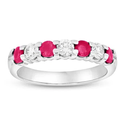Diana M Jewels 14k Gold Ring 1.00ct Tw Round Diamonds And Natural Heated Rubys Prong Set Band In Red