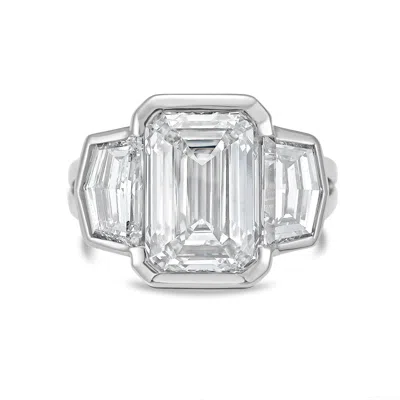 Diana M Jewels 14kt White Gold Lab Grown 4.00 Ct Emerald Diamond 3-stone Bezel Ring In Metallic