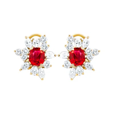 Pre-owned Diana M Jewels Diana M. 2.65 Carat Ruby And Diamond Snow Flake Earings In Yellow Gold