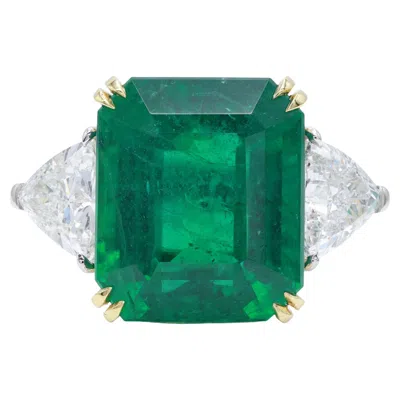 Pre-owned Diana M Jewels Diana M. Magnificent Green Emerald Diamond Ring With Trillions 21.80cts Emerald