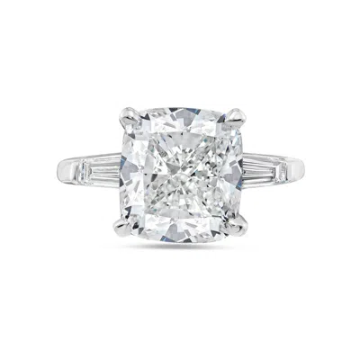 Diana M. Platinum Lab Grown Cushion Cut And Baguette Engagement Ring Featuring 10 Ct Center And 1.00 Cts On T In Metallic