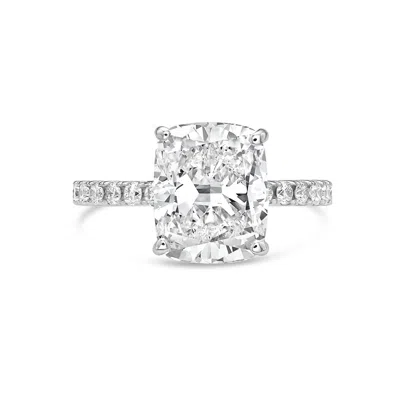 Diana M. Platinum Lab Grown Cushion Cut With Round On Sides Engagement Ring Featuring 8 Ct Center And 0.70 Ct In White