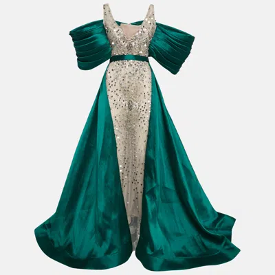 Pre-owned Diana Malivani Diana Mahrach Cream/green Embellished Tulle And Crepe Off-shoulder Mermaid Gown S