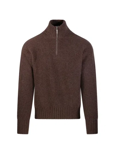 Diana Studio Trucker Ribbed-knit Half-zip Sweater In Brown
