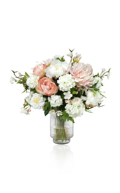 Diane James Designs Peonies; Dahlias And Pear Blossom In Ribbed Vase In Multi