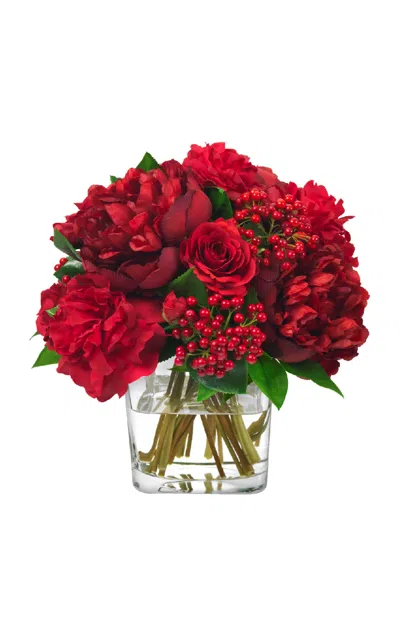 Diane James Designs Peonies; Roses And Berries In Glass Cube In Red