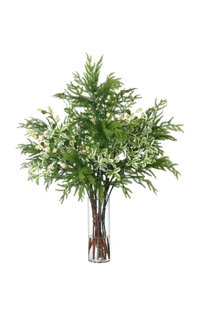 Diane James Designs Spruce And Snowberries In Tall Glass Vase In Dark Green