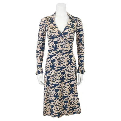 Pre-owned Diane Von Furstenberg 1970's  Navy And Yellow Batik Wrap Dress