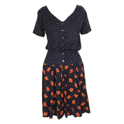 Pre-owned Diane Von Furstenberg 1980's  Navy Blue Abstract Printed Dress