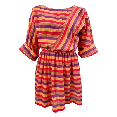 Pre-owned Diane Von Furstenberg 1980s  Red Purple Gold Orange Striped Vintage 80s Dress