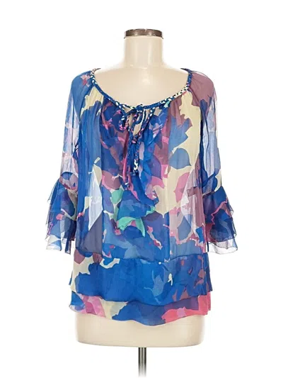 Pre-owned Diane Von Furstenberg 3/4 Sleeve Silk Top Blue Cold Shoulder Neckline Tops