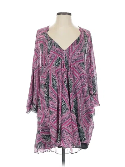 Pre-owned Diane Von Furstenberg 3/4 Sleeve Silk Top Purple Print Pattern Plunge Neckline Tops