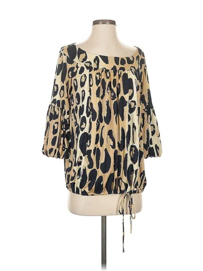 Pre-owned Diane Von Furstenberg 3/4 Sleeve Silk Top Tan Cold Shoulder Neckline Tops In Brown