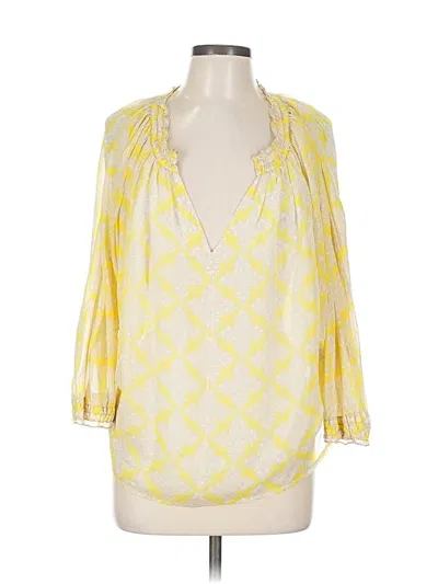 Pre-owned Diane Von Furstenberg 3/4 Sleeve Silk Top Yellow Floral Pattern Plunge Neckline Tops