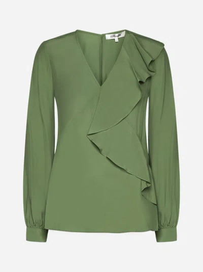 Diane Von Furstenberg Aggie Ruffled Crepe De Chine Top In Green