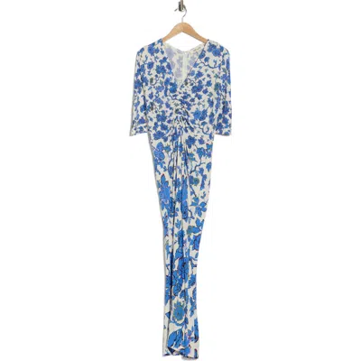 Diane Von Furstenberg Alba Floral Ruched Short Sleeve Maxi Dress In Blue