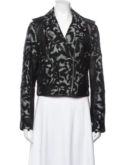 Pre-owned Diane Von Furstenberg Animal Print Biker Jacket In Black