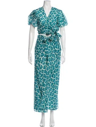 Pre-owned Diane Von Furstenberg Animal Print Ruffle Embellishment Pant Set In Blue
