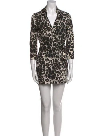 Pre-owned Diane Von Furstenberg Animal Print V-neck Romper In Black