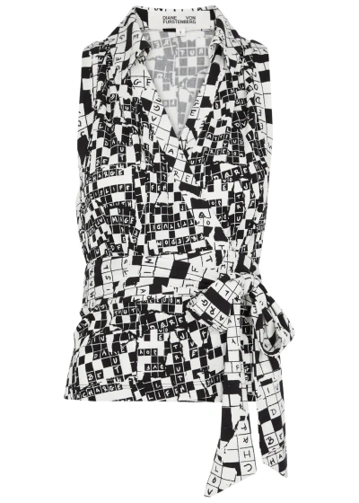 Diane Von Furstenberg Ariane Printed Jersey Wrap Top In Black And White