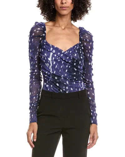 Diane Von Furstenberg Ash Ruched Printed Mesh Bodysuit In Blue