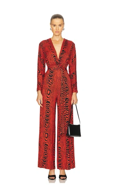 Diane Von Furstenberg Aurelia Wide-leg Deep V-neck Jumpsuit In Wood Grain Red
