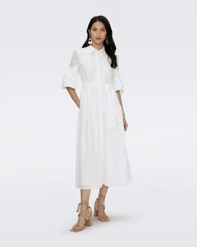 Diane Von Furstenberg Aveena Gathered Broderie Anglaise Cotton Midi Shirt Dress In Elfenbein