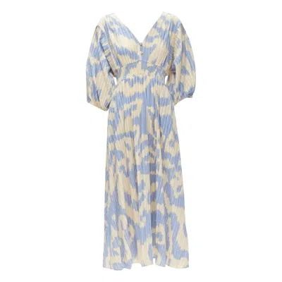 Pre-owned Diane Von Furstenberg Beige Blue Print Lattice Embroidery Puff Sleeve Dress Us8