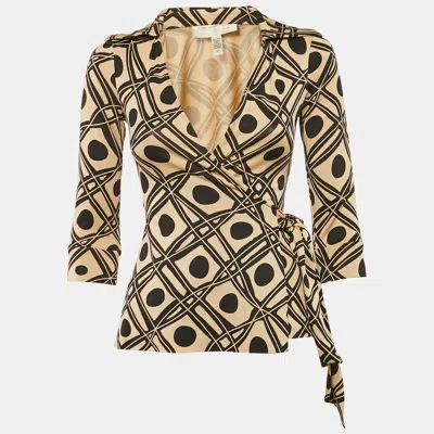 Pre-owned Diane Von Furstenberg Beige/black Printed Silk Jersey Jill Wrap Top Xs