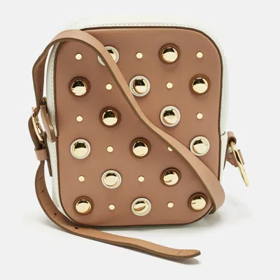 Pre-owned Diane Von Furstenberg Beige/white Embellished Leather Crossbody Bag