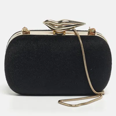 Pre-owned Diane Von Furstenberg Black Calfhair Flirty Minaudiere Chain Clutch