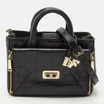Pre-owned Diane Von Furstenberg Black Croc Embossed Leather Mini Secret Agent Tote