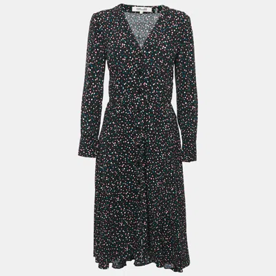 Pre-owned Diane Von Furstenberg Black Dot Print Crepe Button Front Midi Dress S