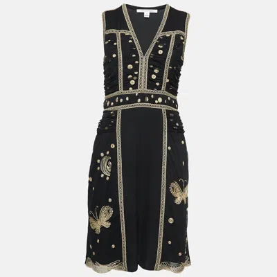 Pre-owned Diane Von Furstenberg Black Embroidered Mesh And Silk Sleeveless Tyche Dress S