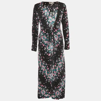 Pre-owned Diane Von Furstenberg Black Floral Crepe Maxi Wrap Dress S