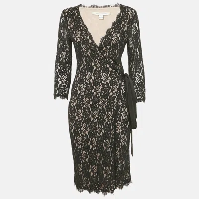 Pre-owned Diane Von Furstenberg Black Floral Lace Julianna Wrap Dress L