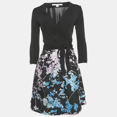 Pre-owned Diane Von Furstenberg Black Floral Print Jersey And Crepe Valerie Dress S